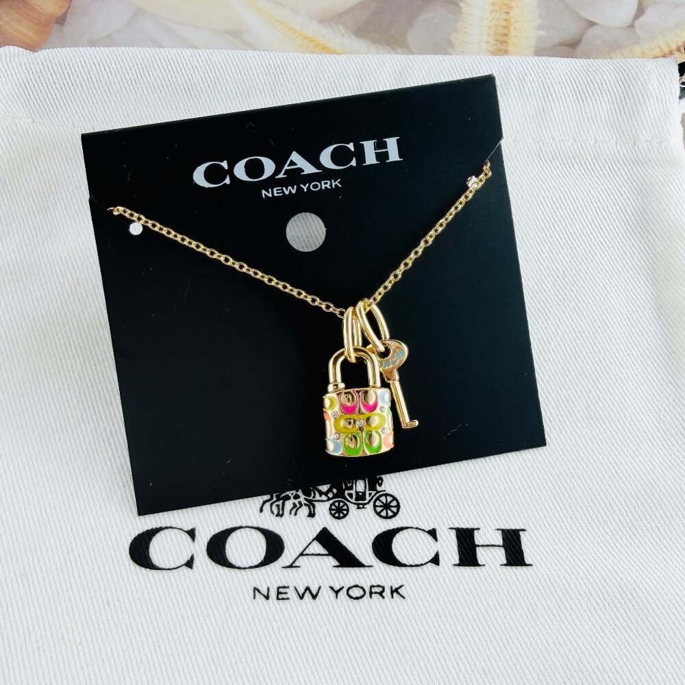Coach Quilted Padlock Key Mismatch Rainbow gold necklace - Picture 3 of 4